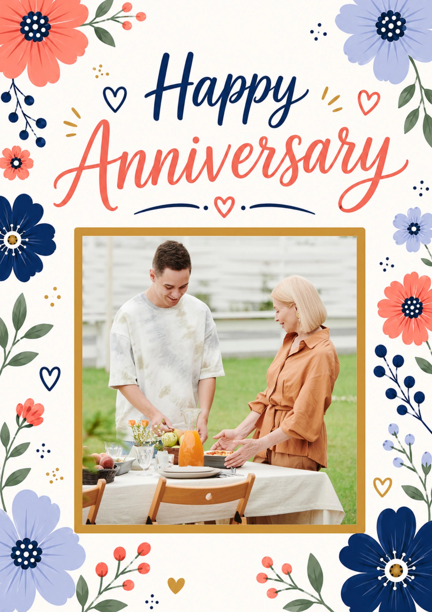 Coral and Blue Floral Photo Upload Anniversary Card