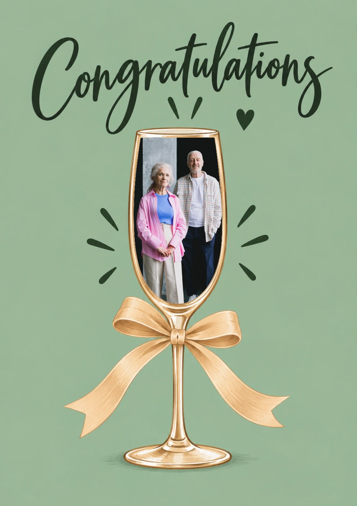 Gold Champagne Flute Bow Photo Upload Wedding Card
