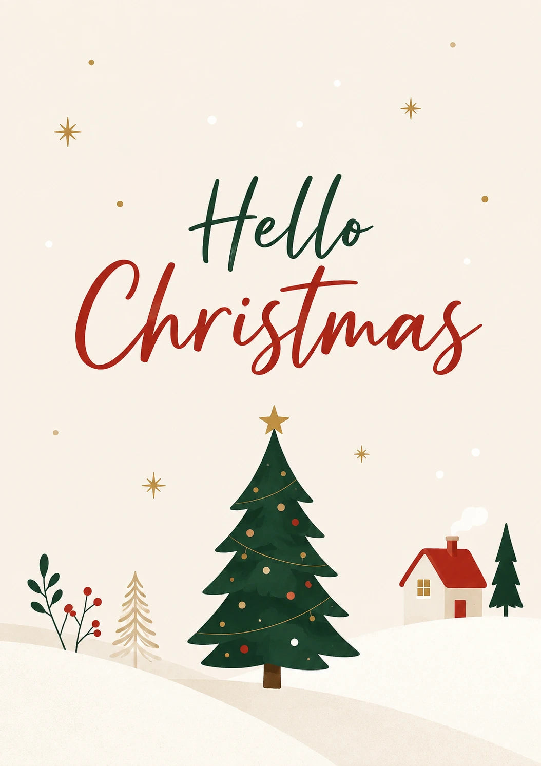 Hello Christmas Snowy Village Scene Christmas Card