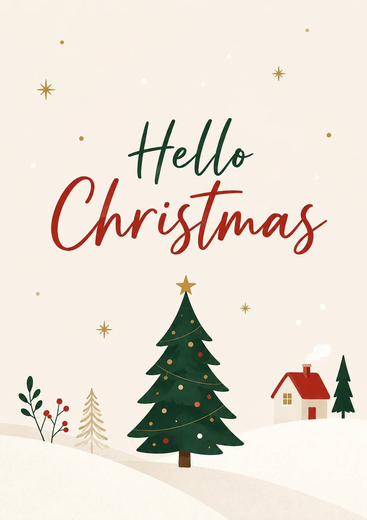 Hello Christmas Snowy Village Scene Christmas Card