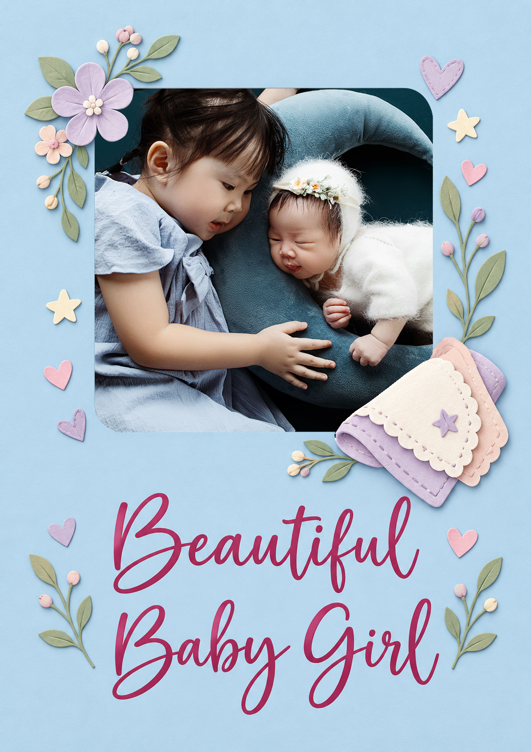 Floral Hearts Photo Upload New Baby Card for Niece