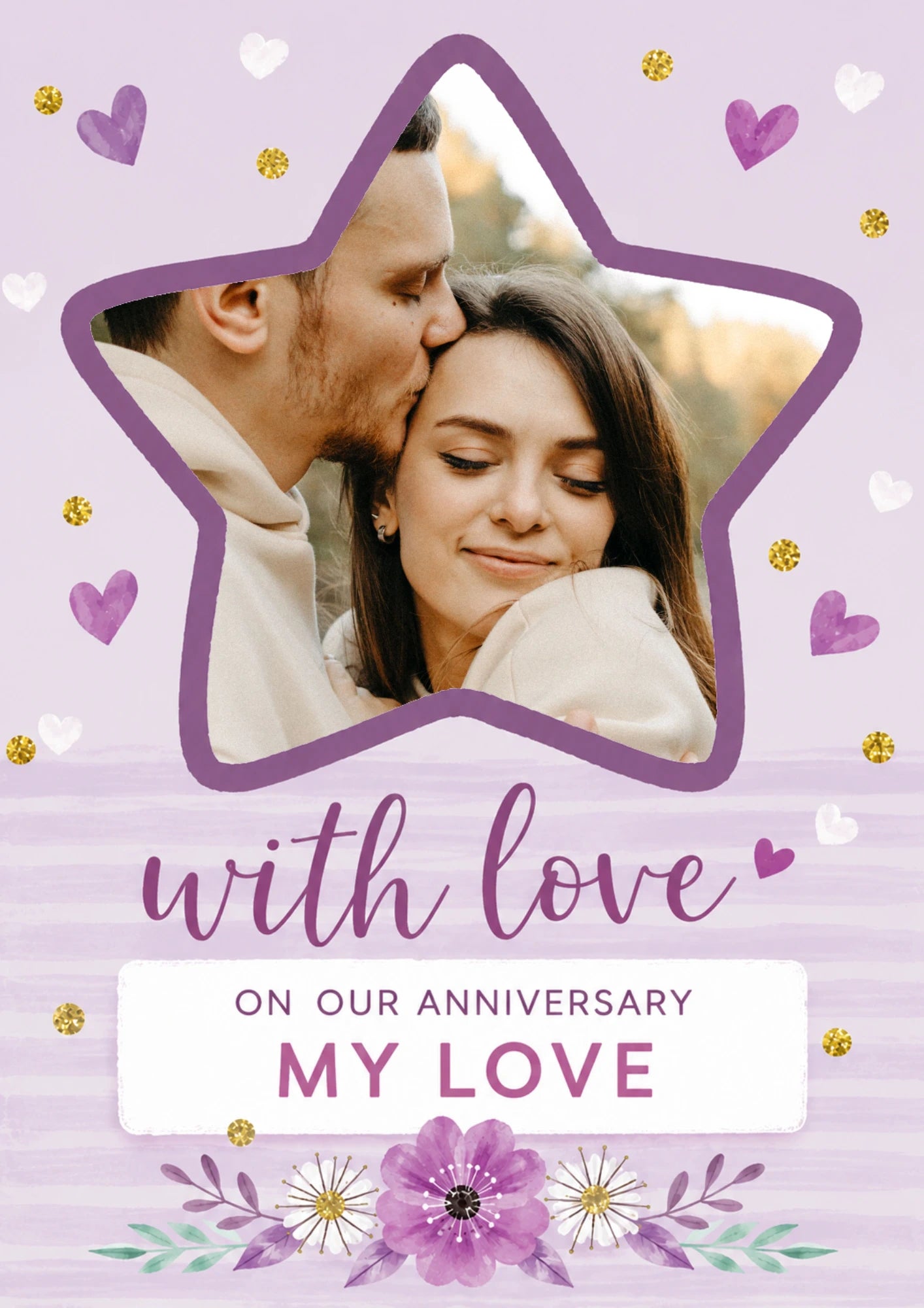 Purple Hearts and Stars Photo Upload Anniversary Card for Her