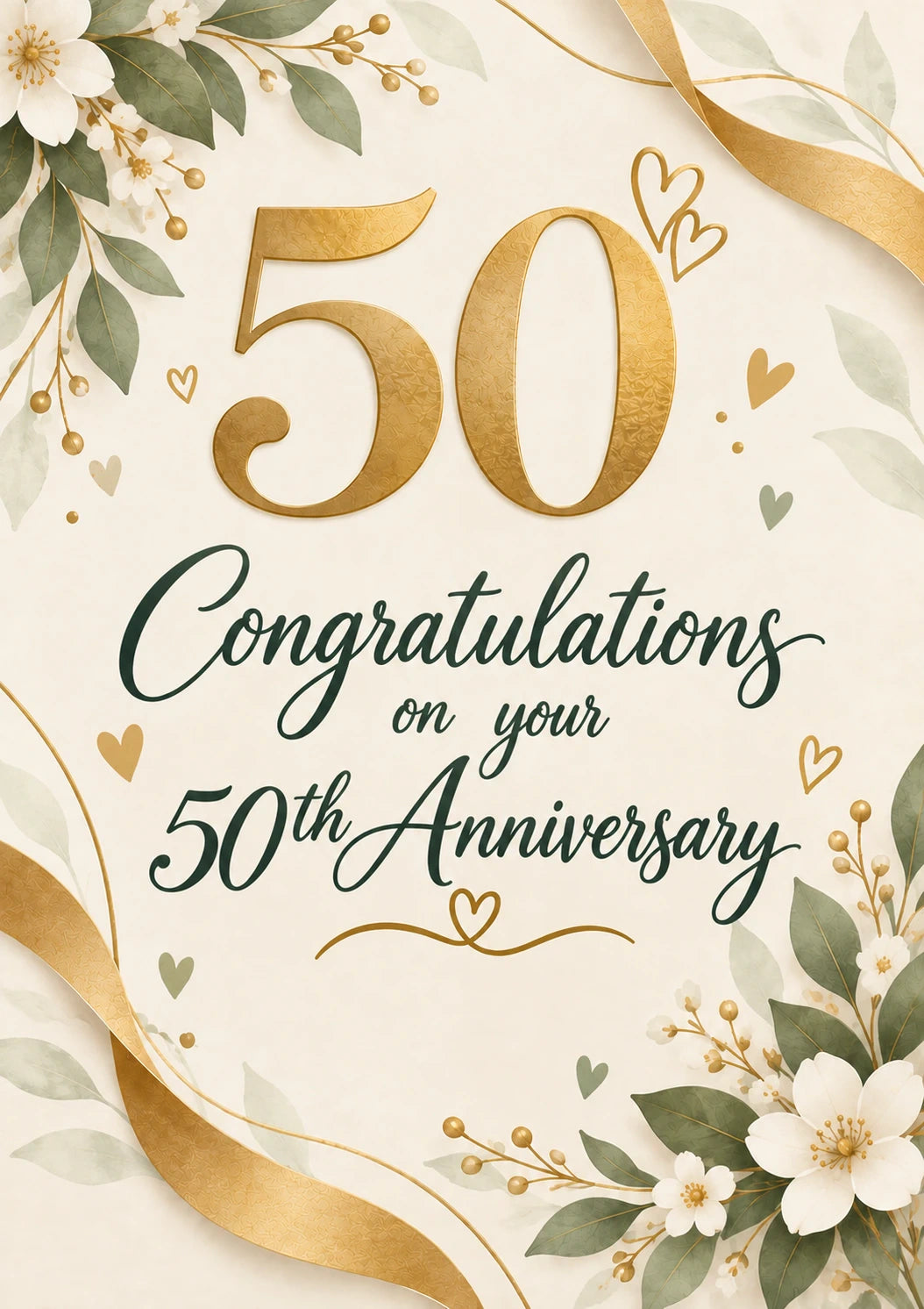 Gold Floral Green Leaf 50th Anniversary Card