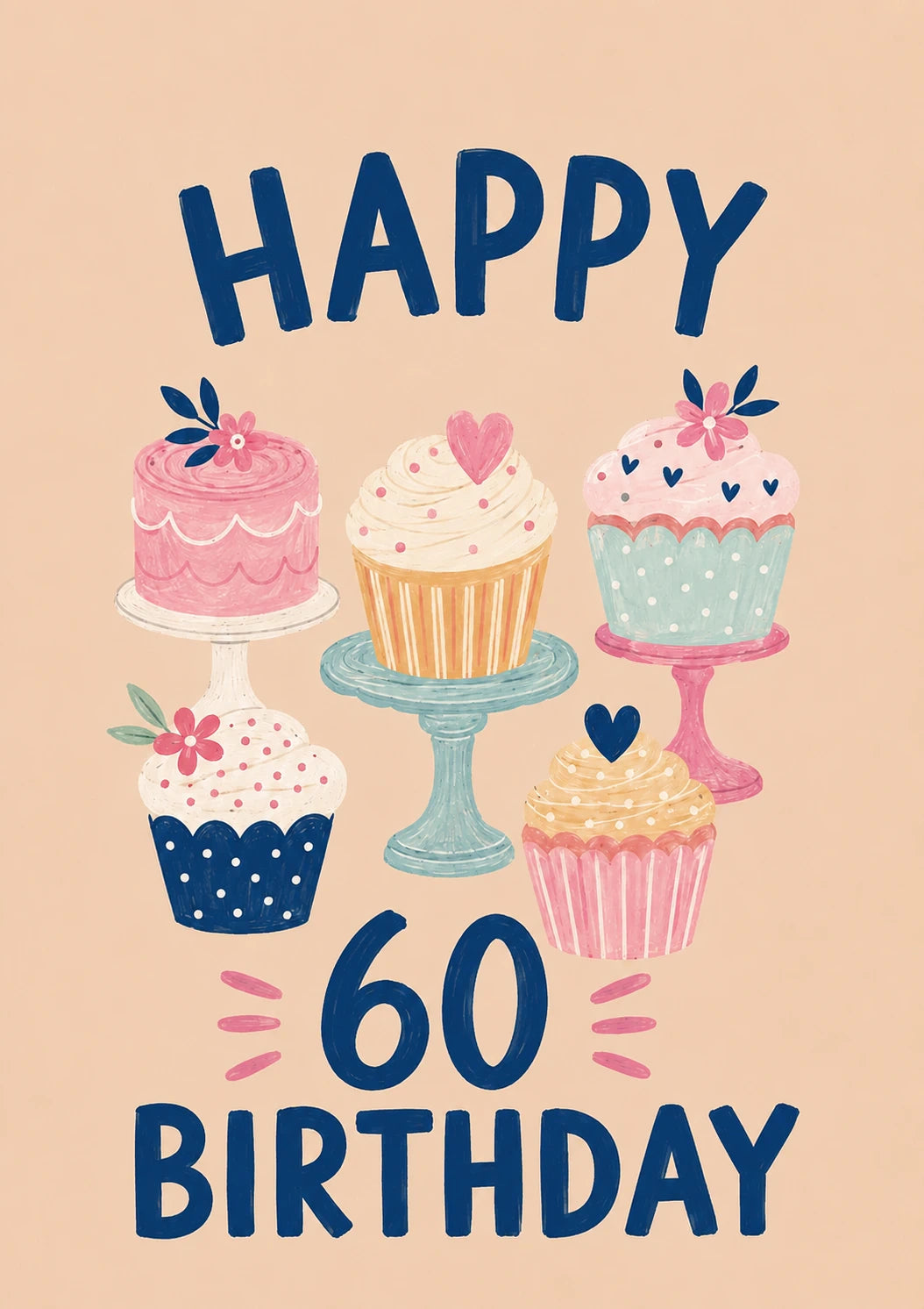 Cute Cupcake Illustration Happy 60th Birthday Card for Her
