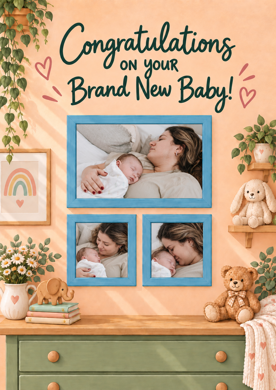 Triple Blue Frame Photo Upload New Baby Card for Daughter