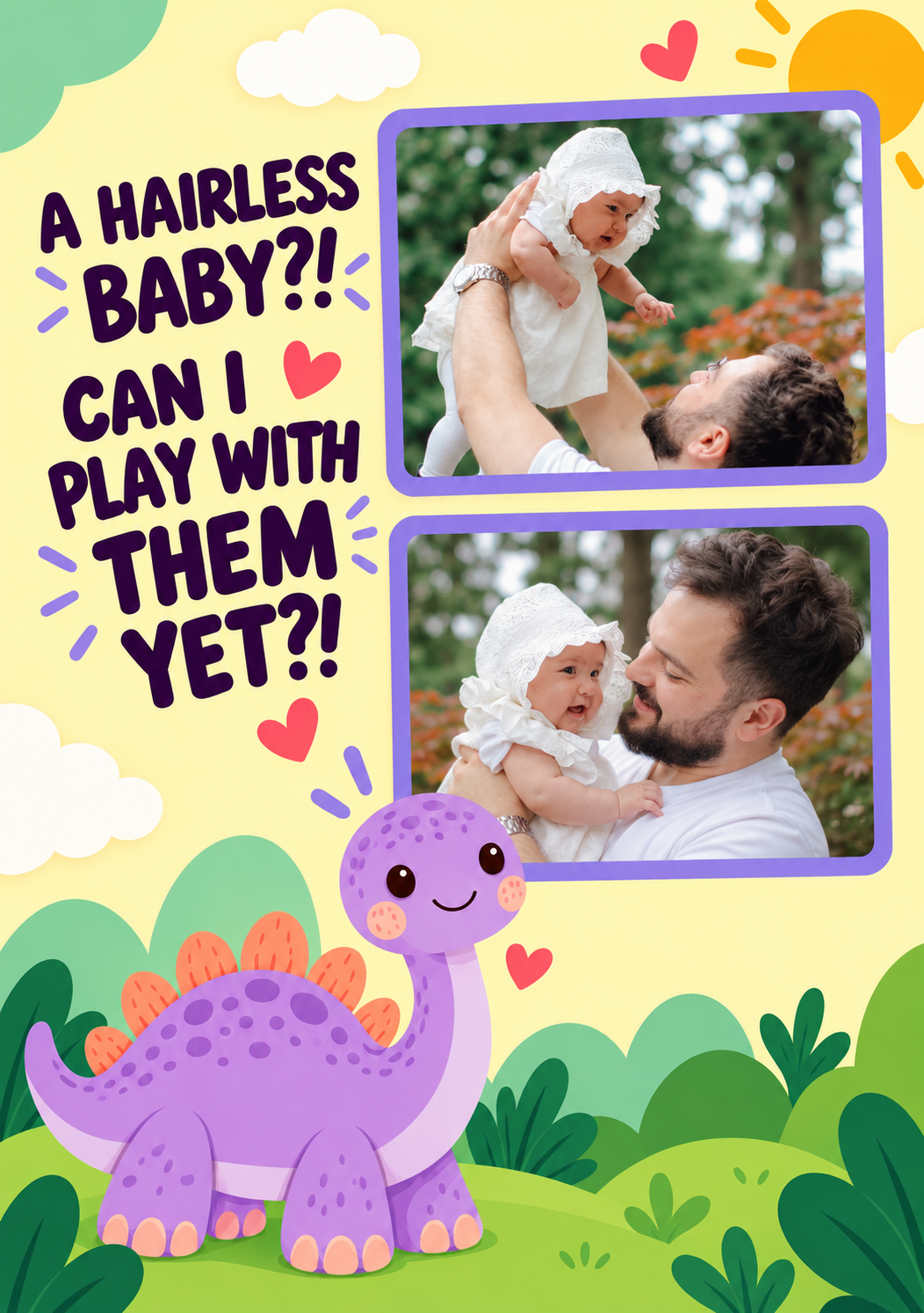 Funny Hairless Baby Dinosaur Two Photo Upload New Baby Card for Daughter and Partner