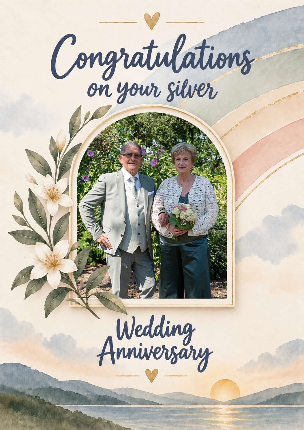 Watercolour Rainbow Floral Photo Upload 25th Anniversary Card