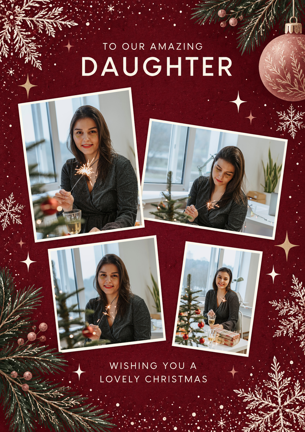 Red Festive Daughter Photo Upload Christmas Card for Her