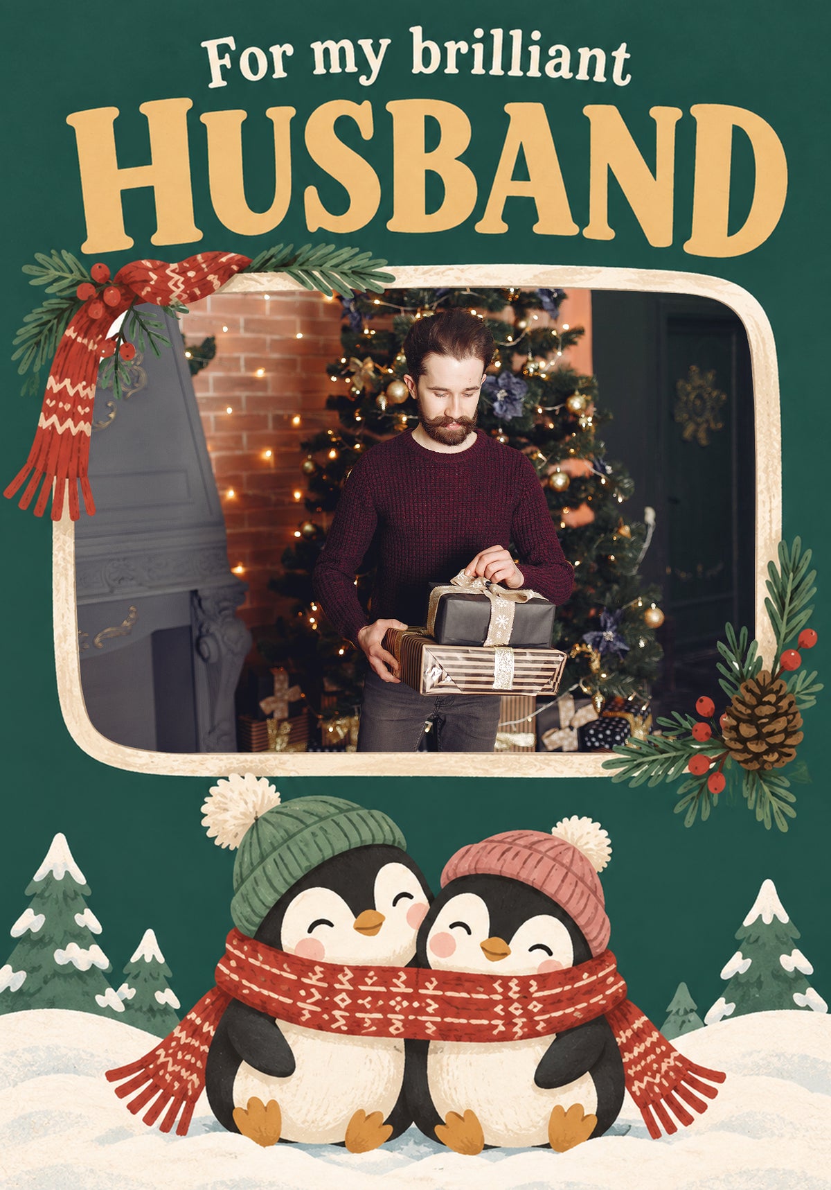 Cute Penguins Sharing Scarf Photo Upload Christmas Card for Him
