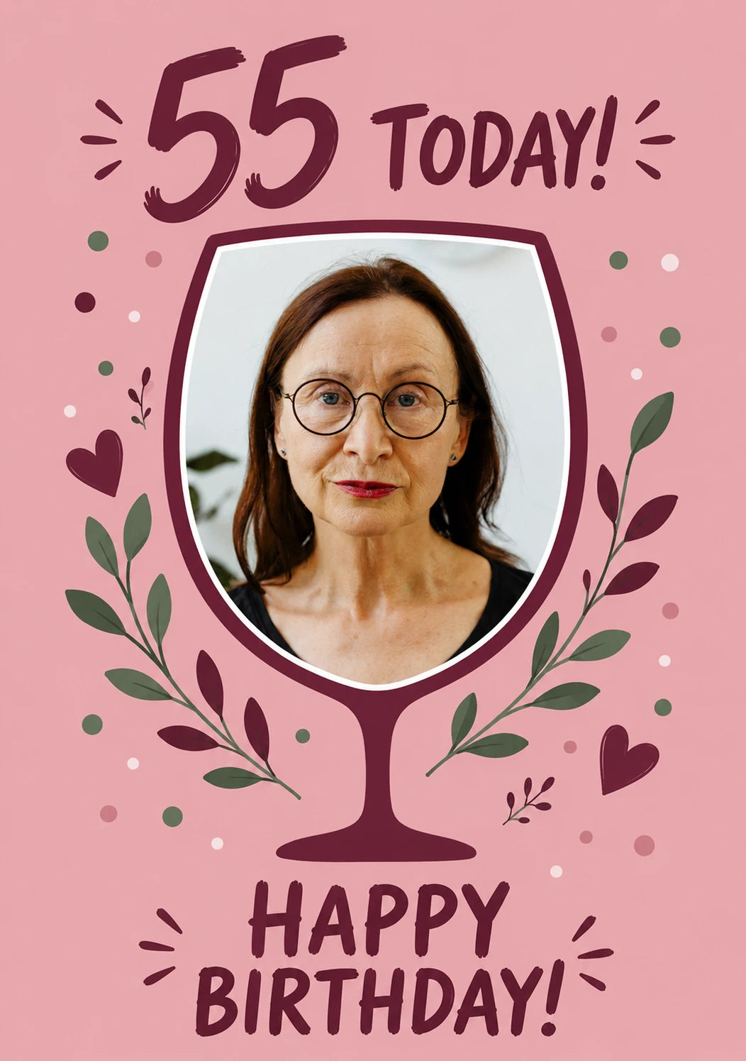 Wine Glass Botanical 55th Photo Upload Birthday Card for Her