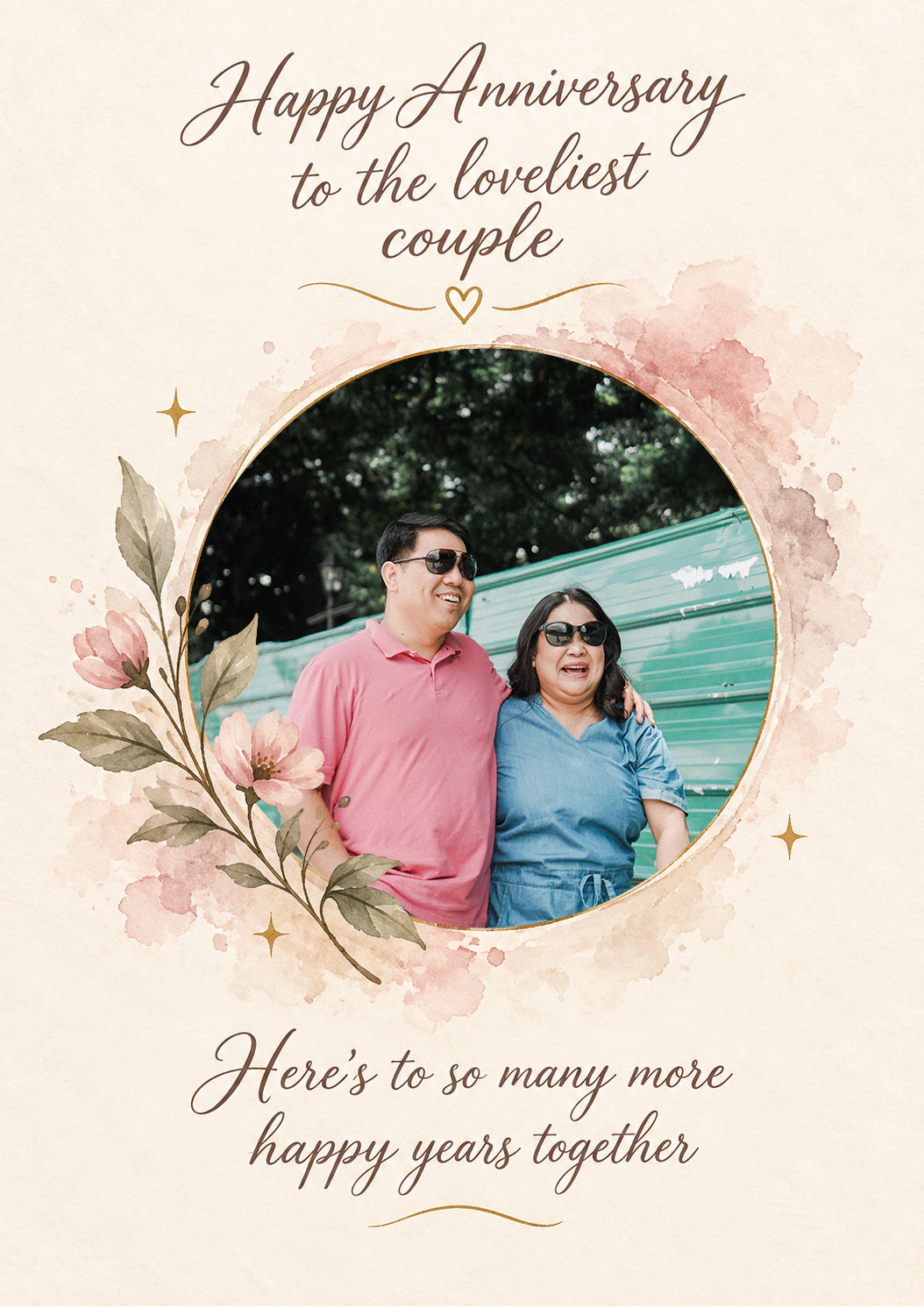 Blush Floral Frame Photo Upload Anniversary Card