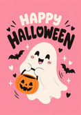 Load image into Gallery viewer, Cute Ghost with Pumpkin Bucket Halloween Card
