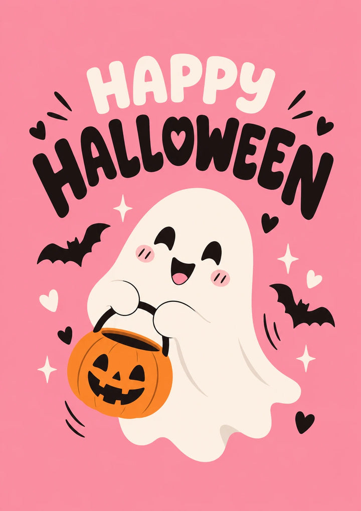 Cute Ghost with Pumpkin Bucket Halloween Card