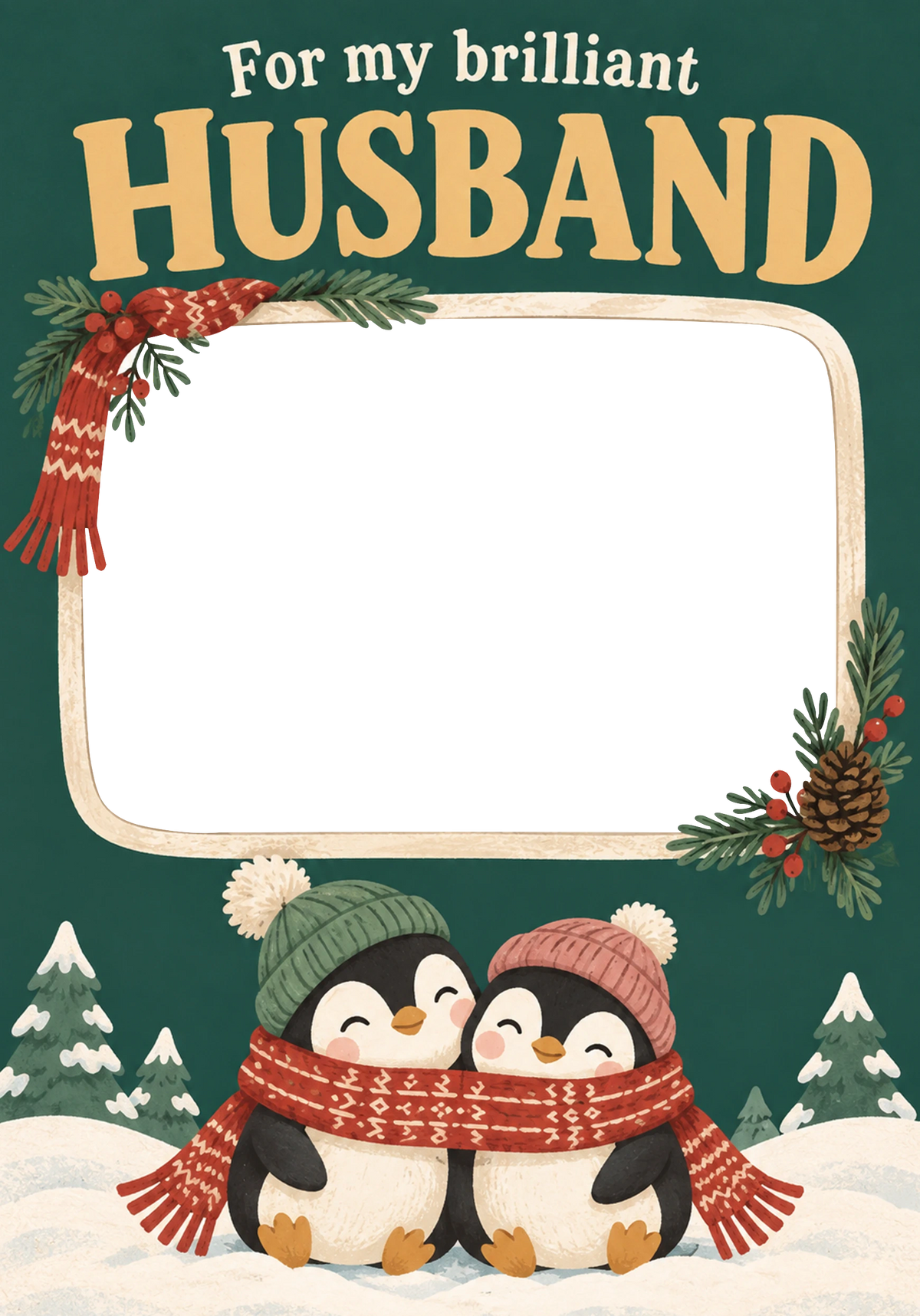 Cute Penguins Sharing Scarf Photo Upload Christmas Card for Him