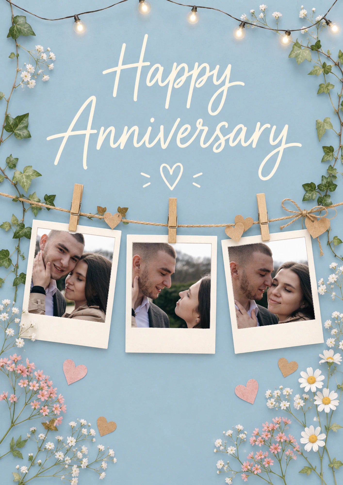 Rustic Fairy Light Clothesline Photo Upload Anniversary Card