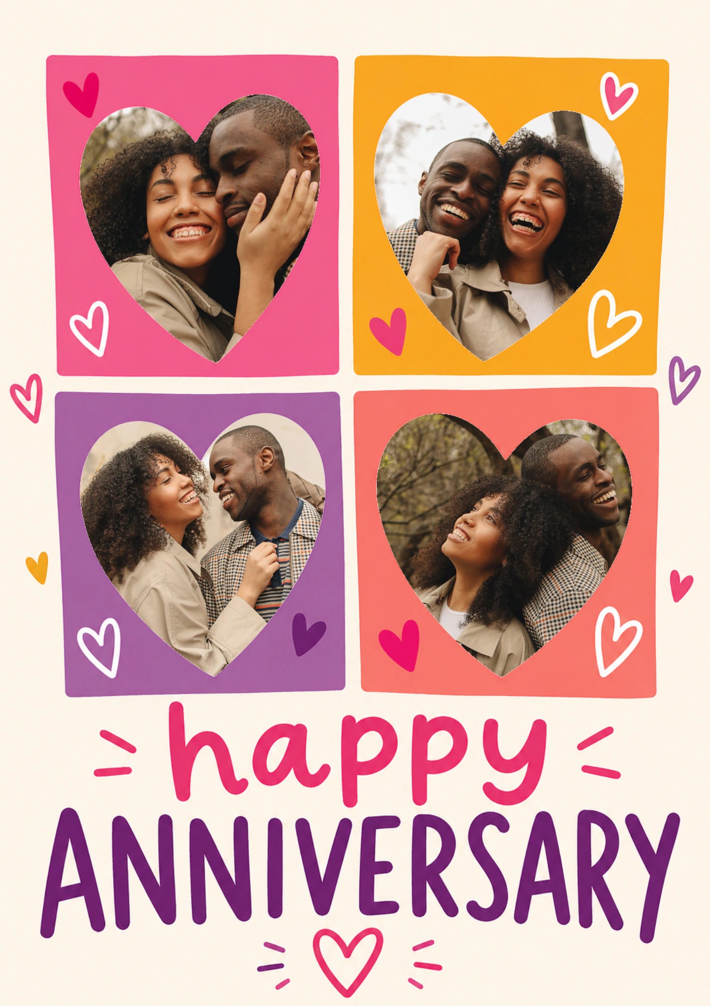 Colourful Hearts Four Photo Upload Anniversary Card