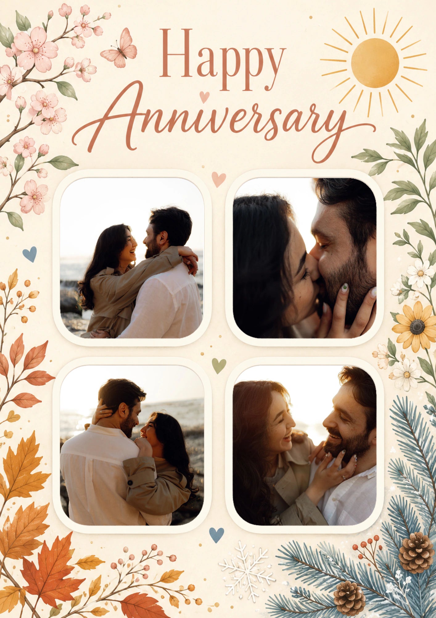 Four Seasons Floral Four Photo Upload Anniversary Card