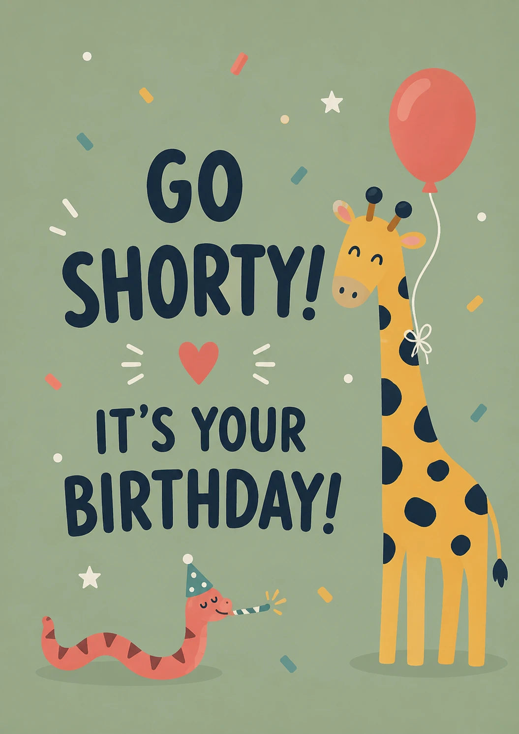Funny Go Shorty Giraffe and Snake 80th Birthday Card