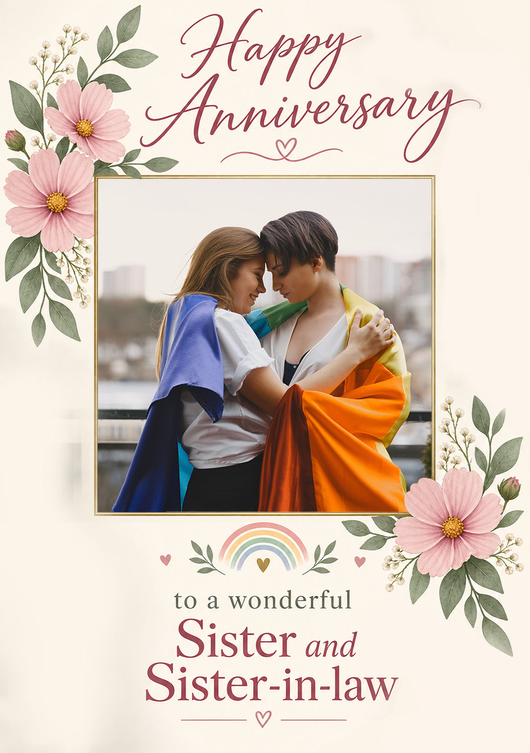 Pink Floral Sister and Sister-in-Law Photo Upload Anniversary Card