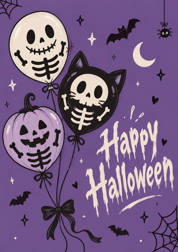 Skeleton Balloon Cat Pumpkin Halloween Card