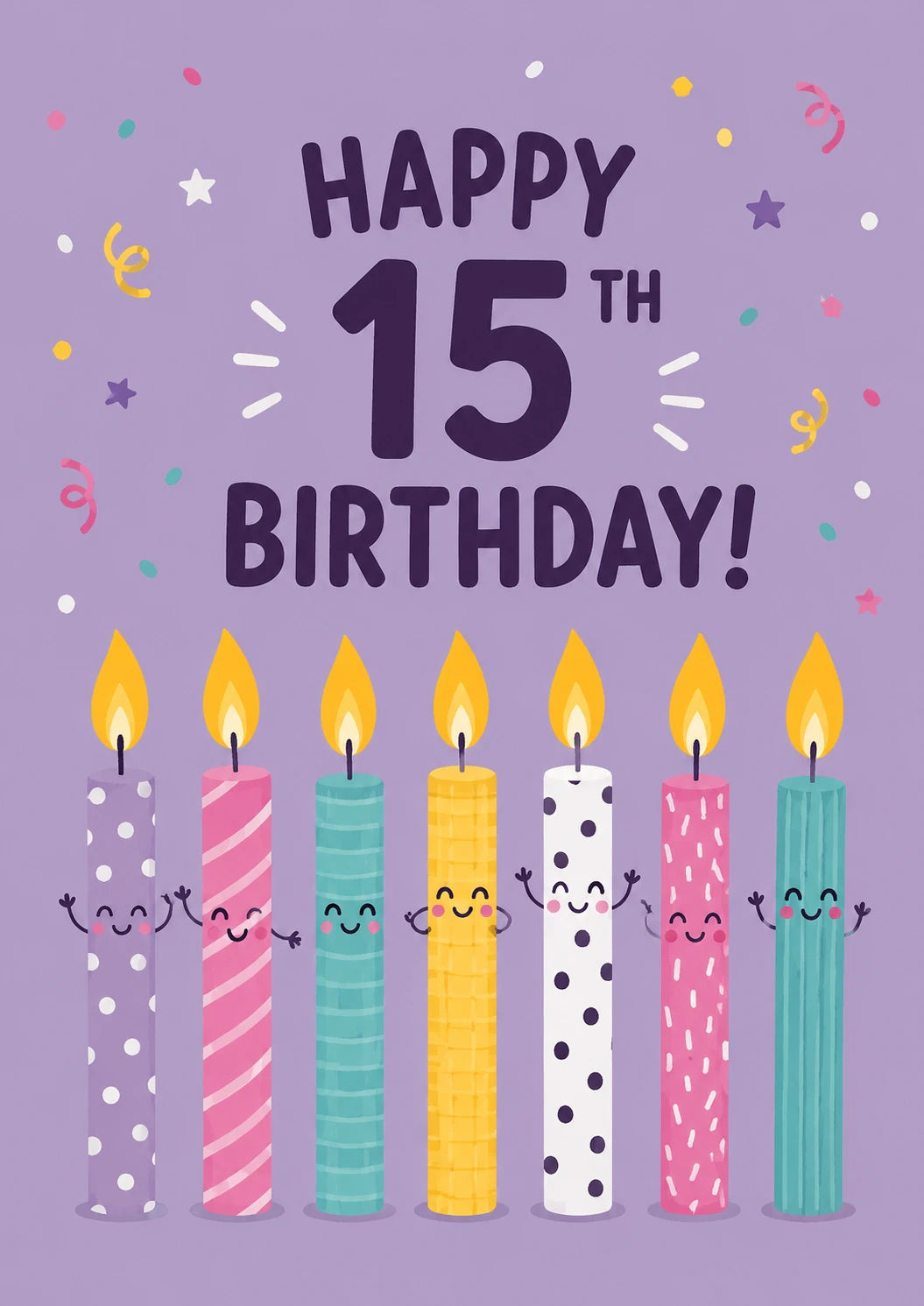Cute Happy Candles 15th Birthday Card