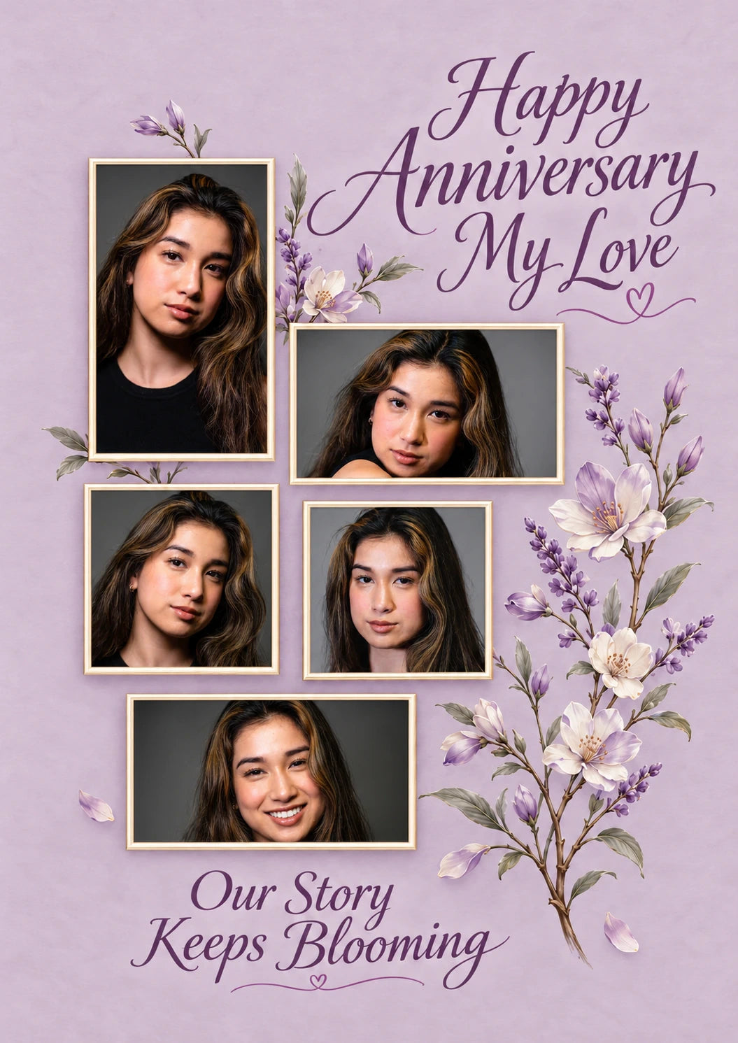 Purple Floral Blooming Multiple Photo Upload Anniversary Card for Wife