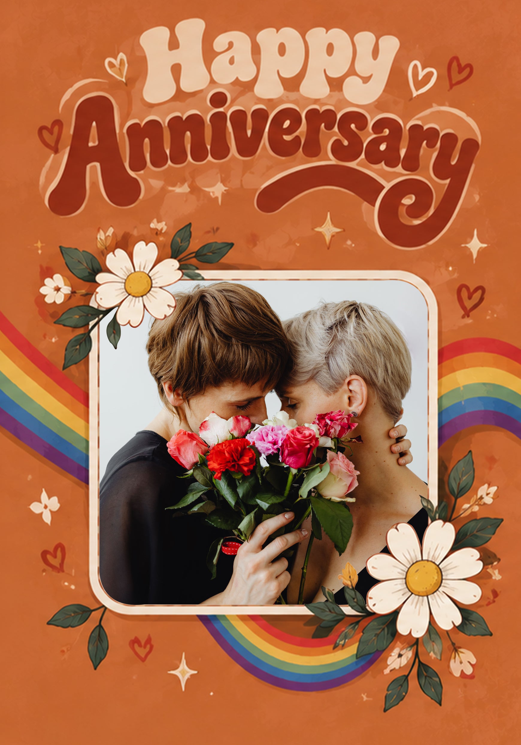 Retro Rainbow Floral Photo Upload Anniversary Card