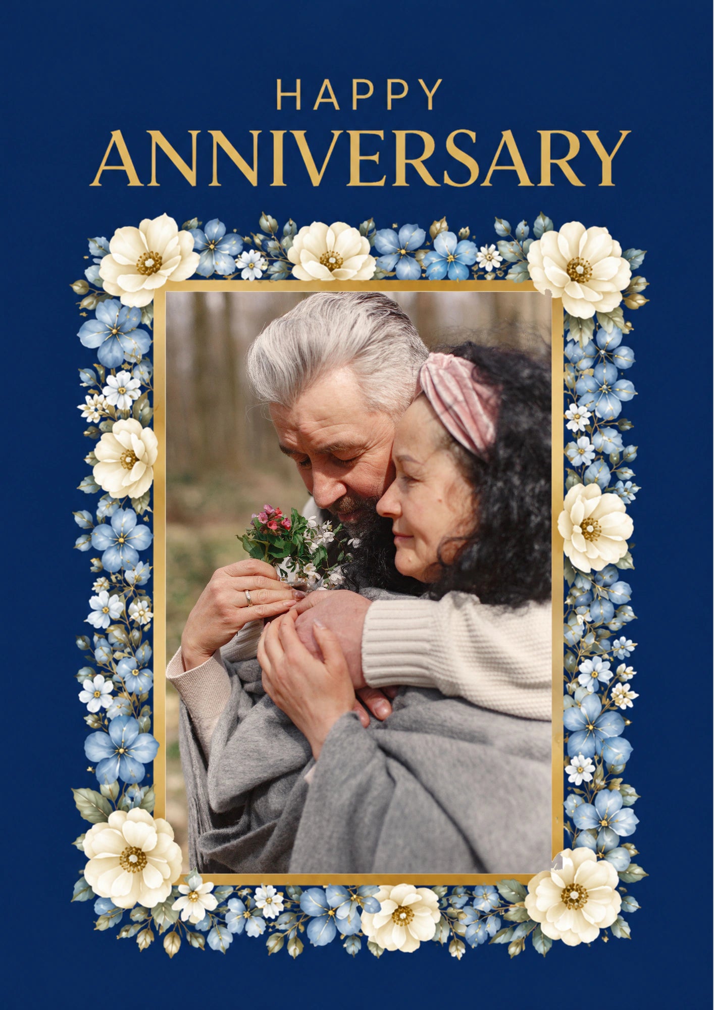 Blue Floral Border Happy Anniversary Photo Upload Birthday Card
