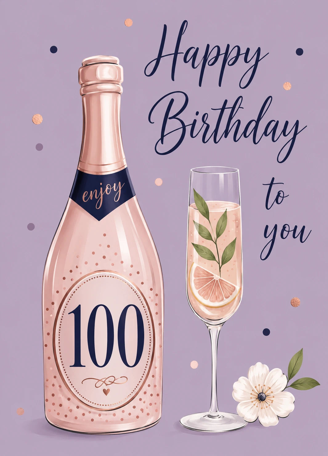 Rose Gold Champagne 100th Birthday Card for Her