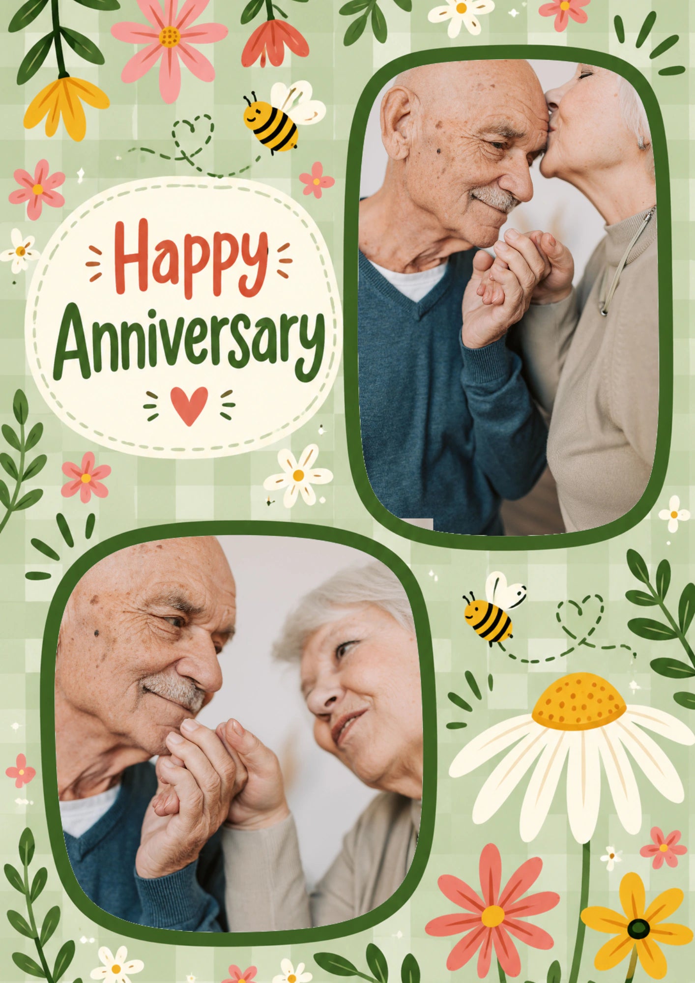 Floral Bee Happy Anniversary Photo Upload Card for Couple