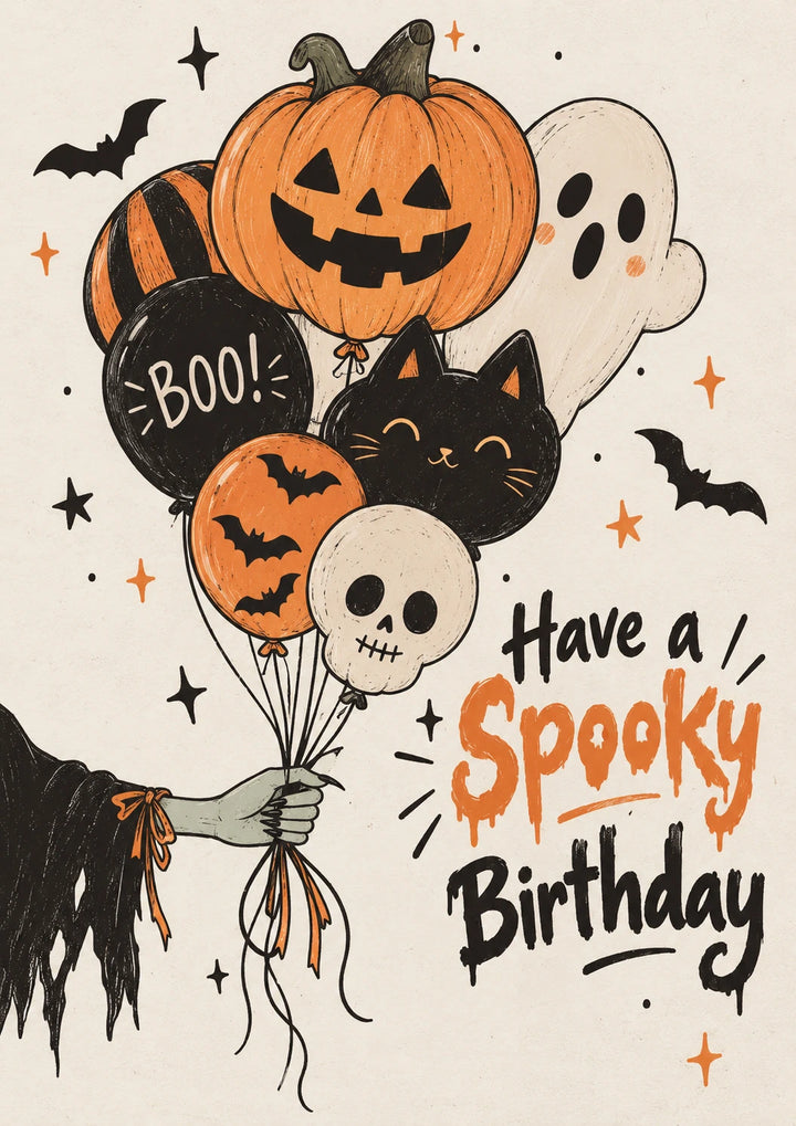 Spooky Halloween Balloons Black Cat Birthday Card