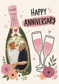 Load image into Gallery viewer, Pink Champagne Bottle Floral Photo Upload Anniversary Card
