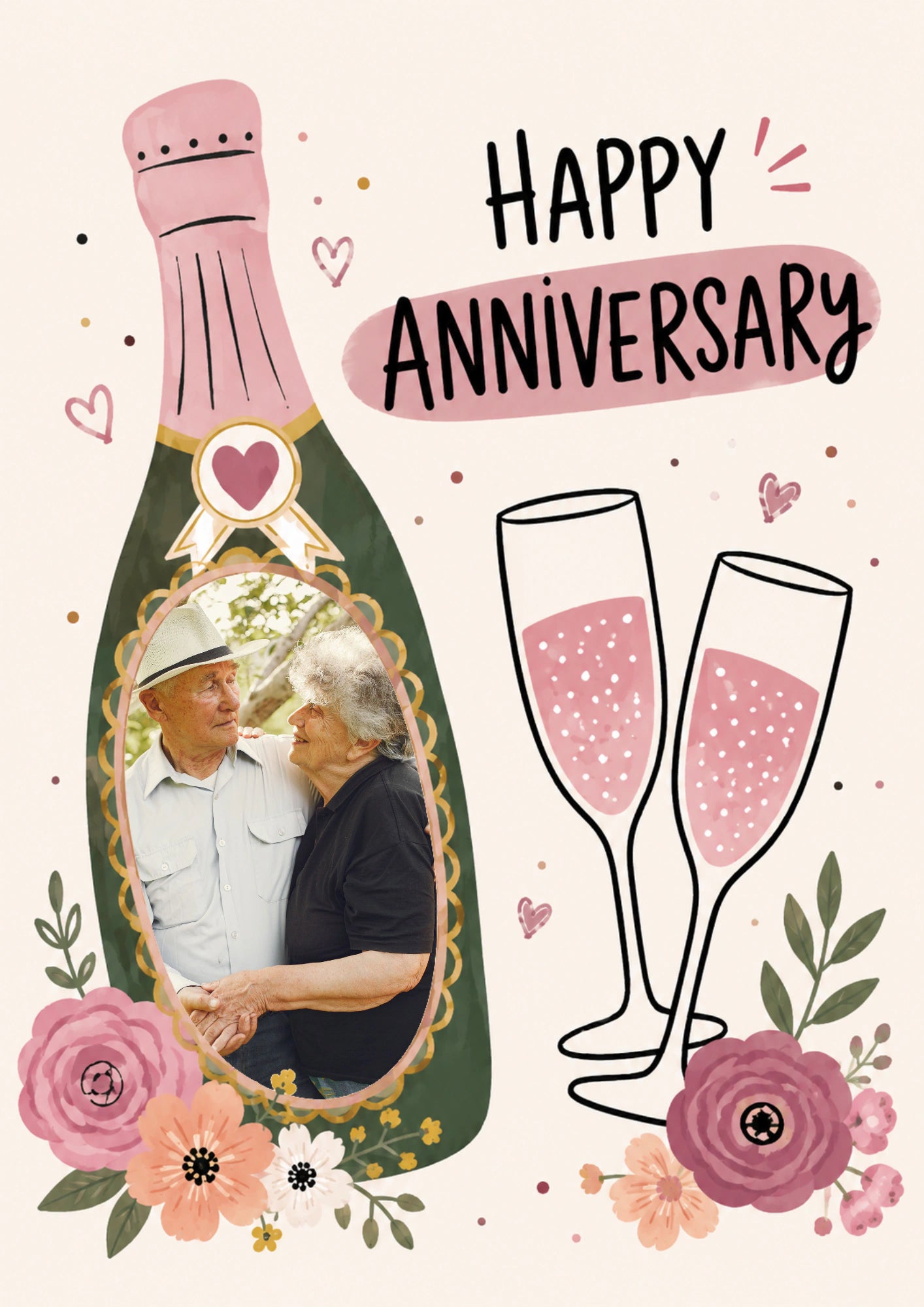 Pink Champagne Bottle Floral Photo Upload Anniversary Card