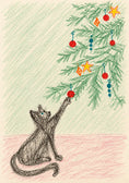 Load image into Gallery viewer, Curious Cat Reaching for Ornaments Christmas Card

