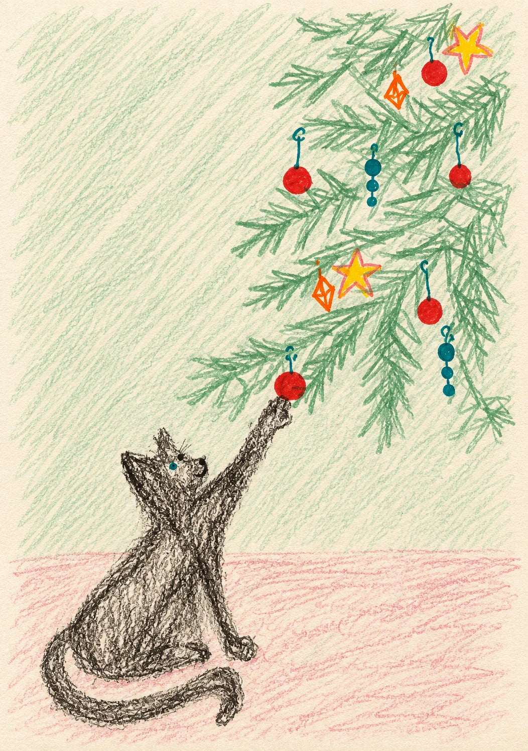 Curious Cat Reaching for Ornaments Christmas Card