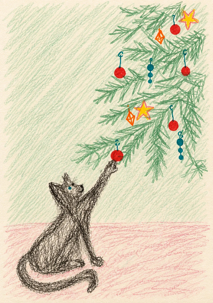 Curious Cat Reaching for Ornaments Christmas Card