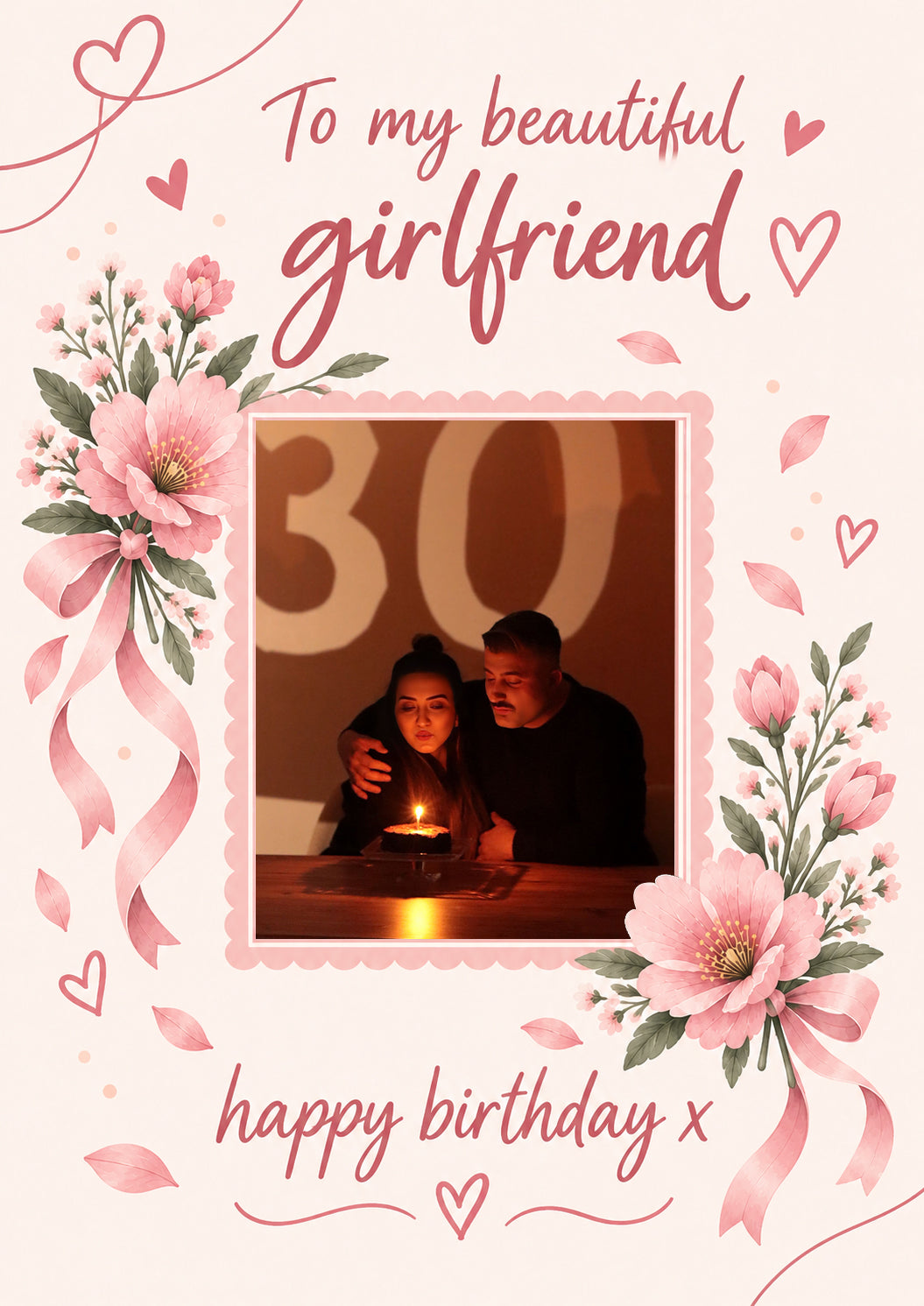 Pink Floral Ribbon Girlfriend Photo Upload Birthday Card for Her