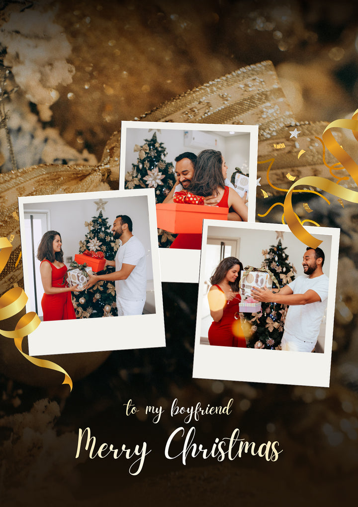 Gold Ribbon Three Photo Upload Christmas Card for Him