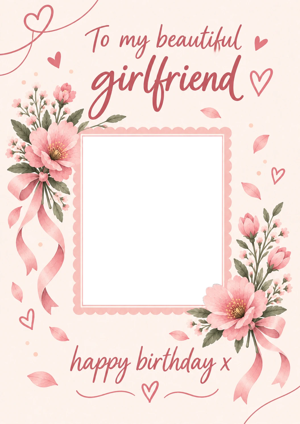 Pink Floral Ribbon Girlfriend Photo Upload Birthday Card for Her