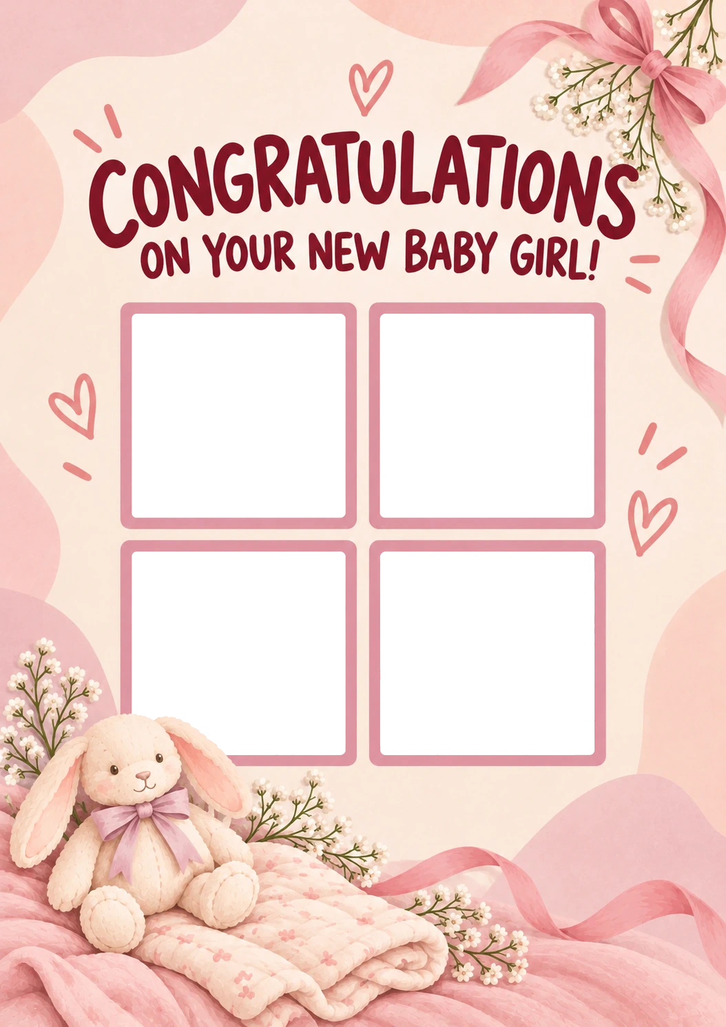 Pink Bunny 4 Photo Upload New Baby Card for Daughter and Partner