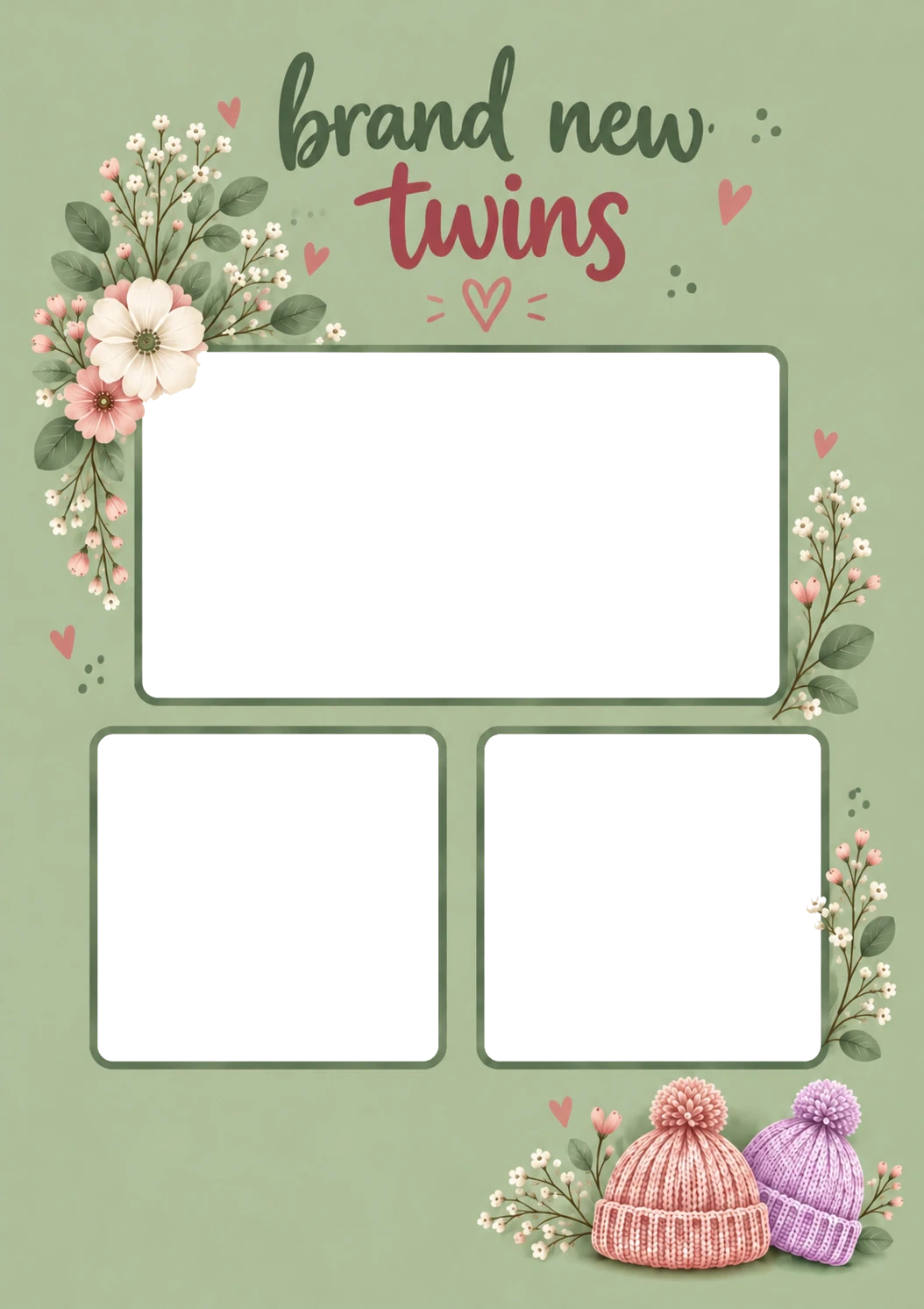 Sage Green Floral Twins Photo Upload New Baby Card for Her