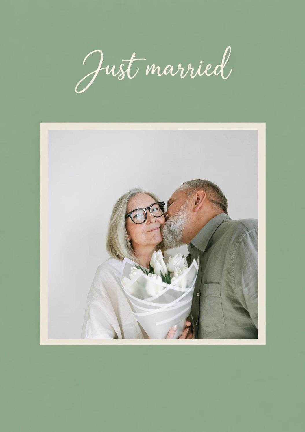 Just Married Green Script Photo Upload Wedding Card