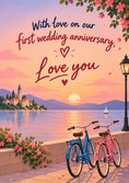 Load image into Gallery viewer, Romantic Sunset Bicycle Scene First Anniversary Card for Her
