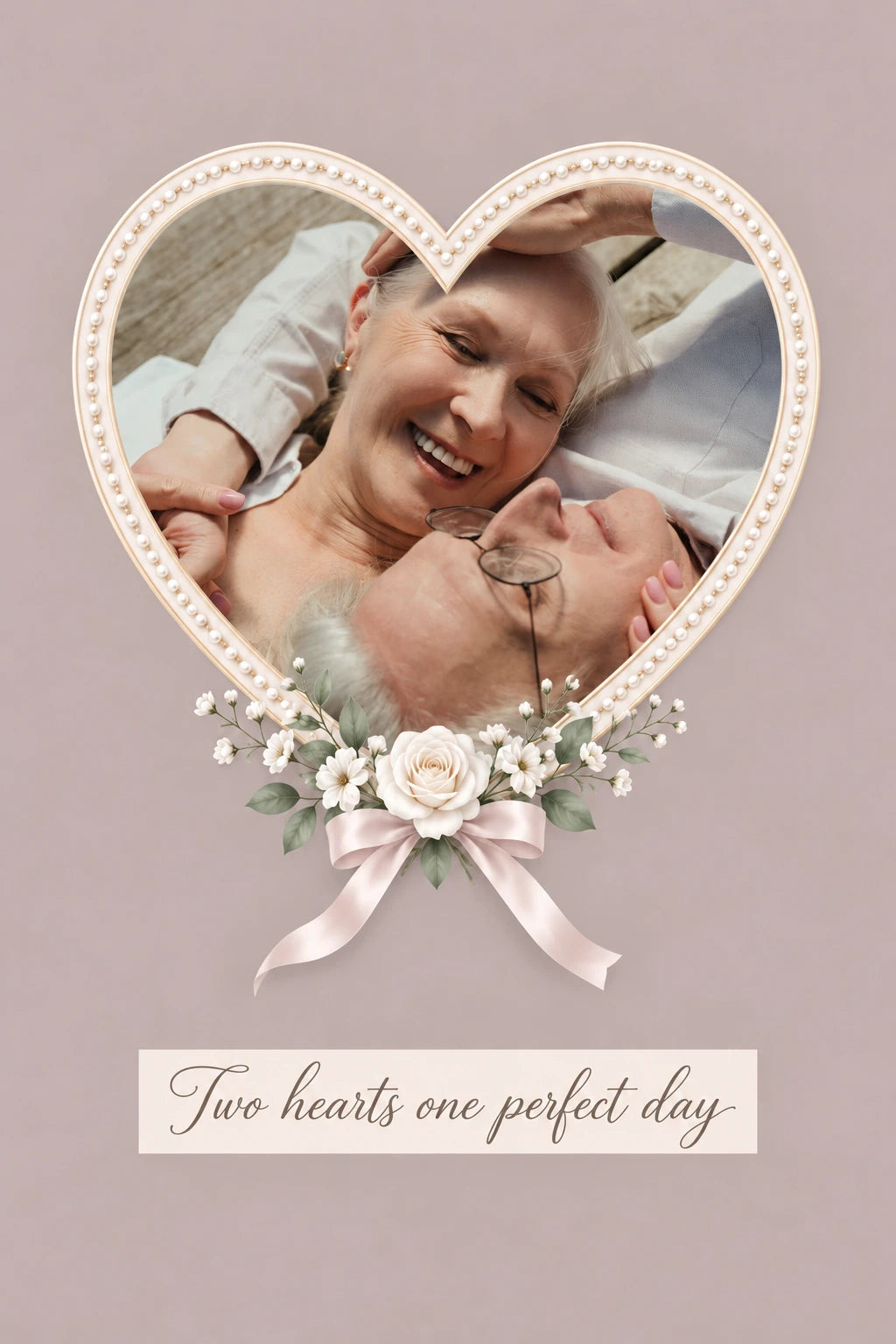 Pearl Heart Floral Photo Upload Wedding Card for Her
