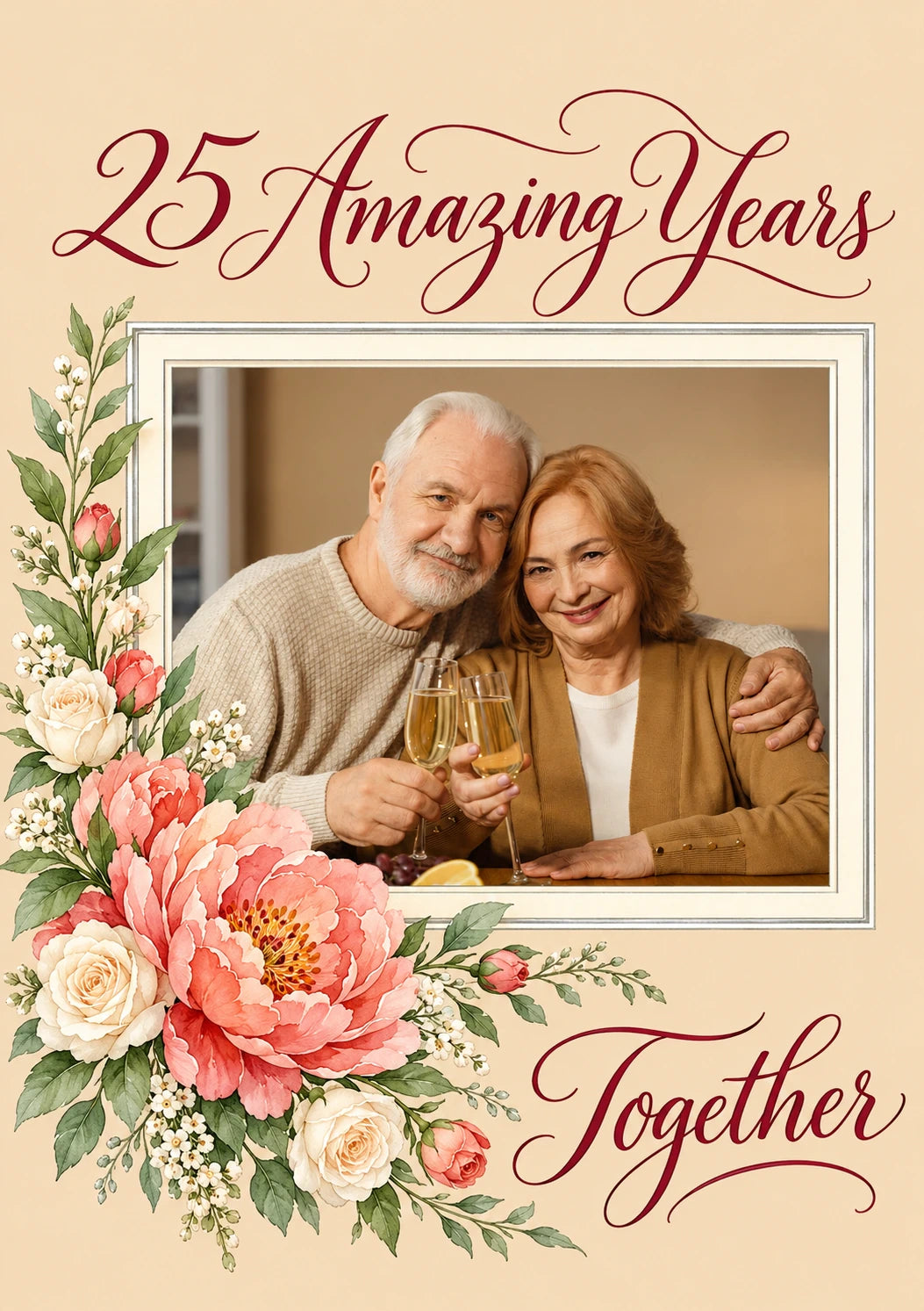 Floral Champagne Toast Photo Upload 25th Anniversary Card for Wife