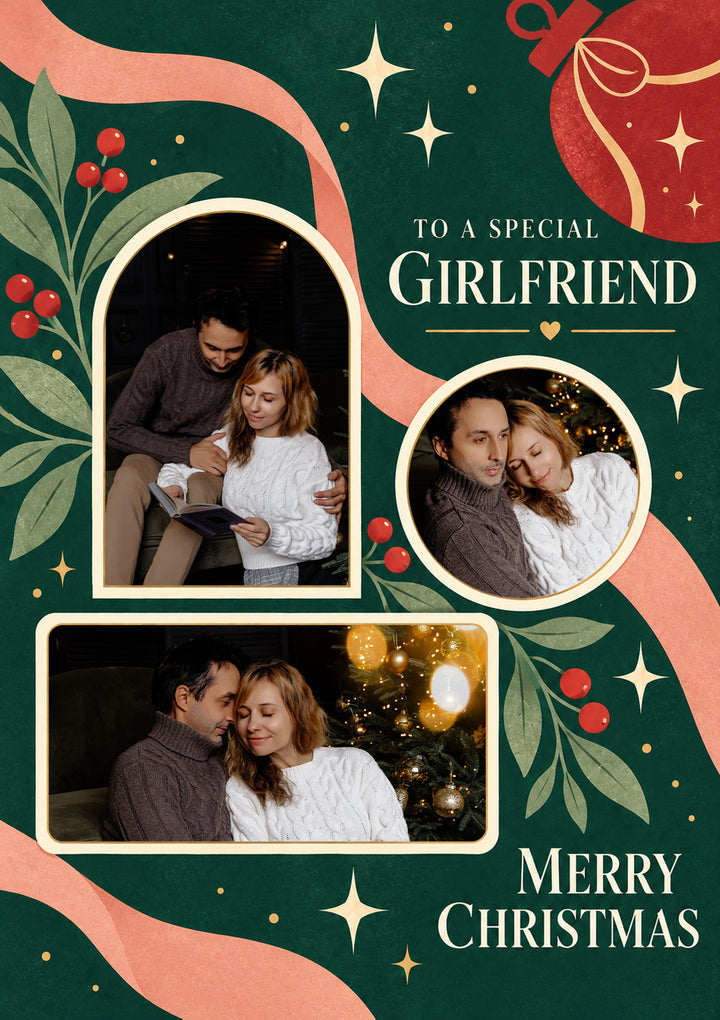 Special Girlfriend Green Floral Photo Upload Christmas Card for Her