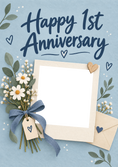 Load image into Gallery viewer, Blue Floral Daisy Bouquet Photo Upload 1st Anniversary Card for Her
