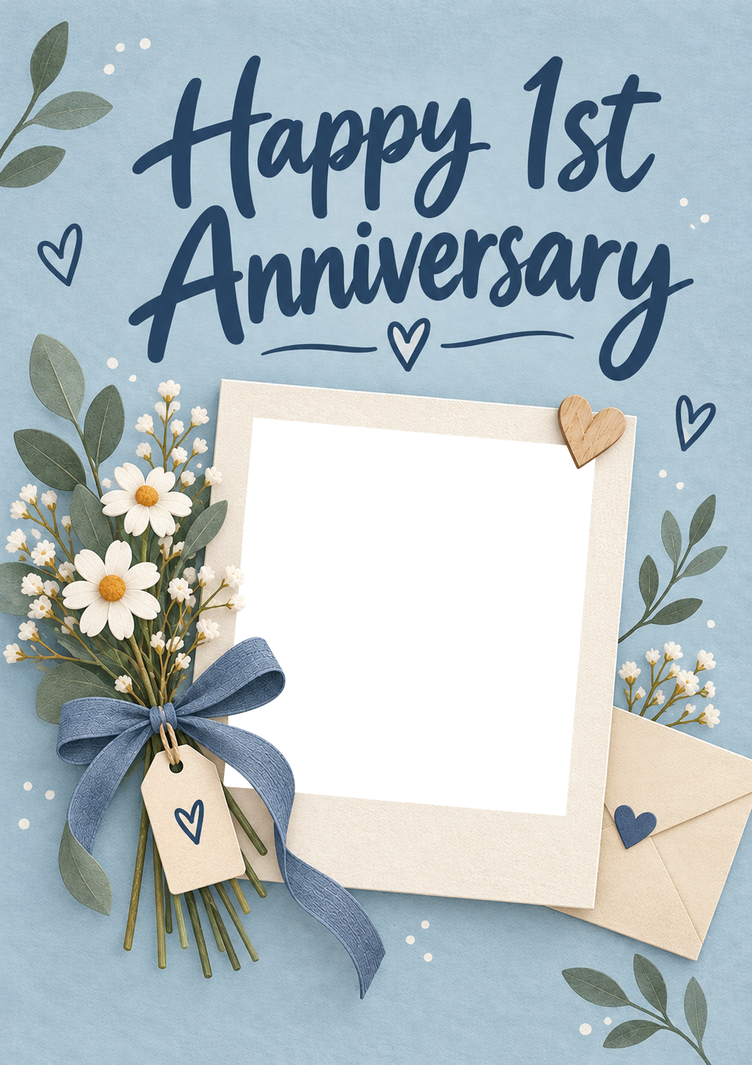 Blue Floral Daisy Bouquet Photo Upload 1st Anniversary Card for Her