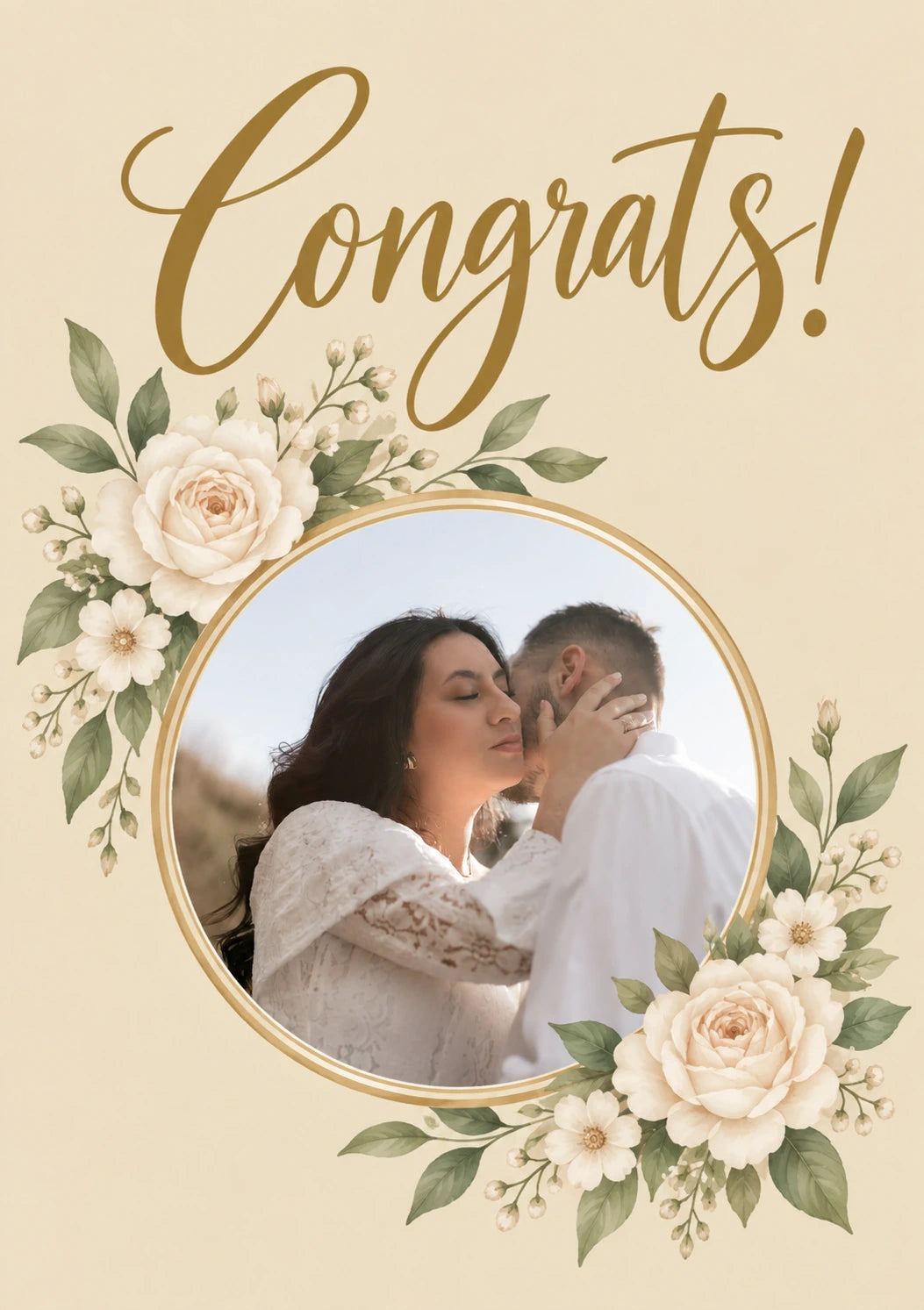 Congrats Gold Script Floral Photo Upload Wedding Card
