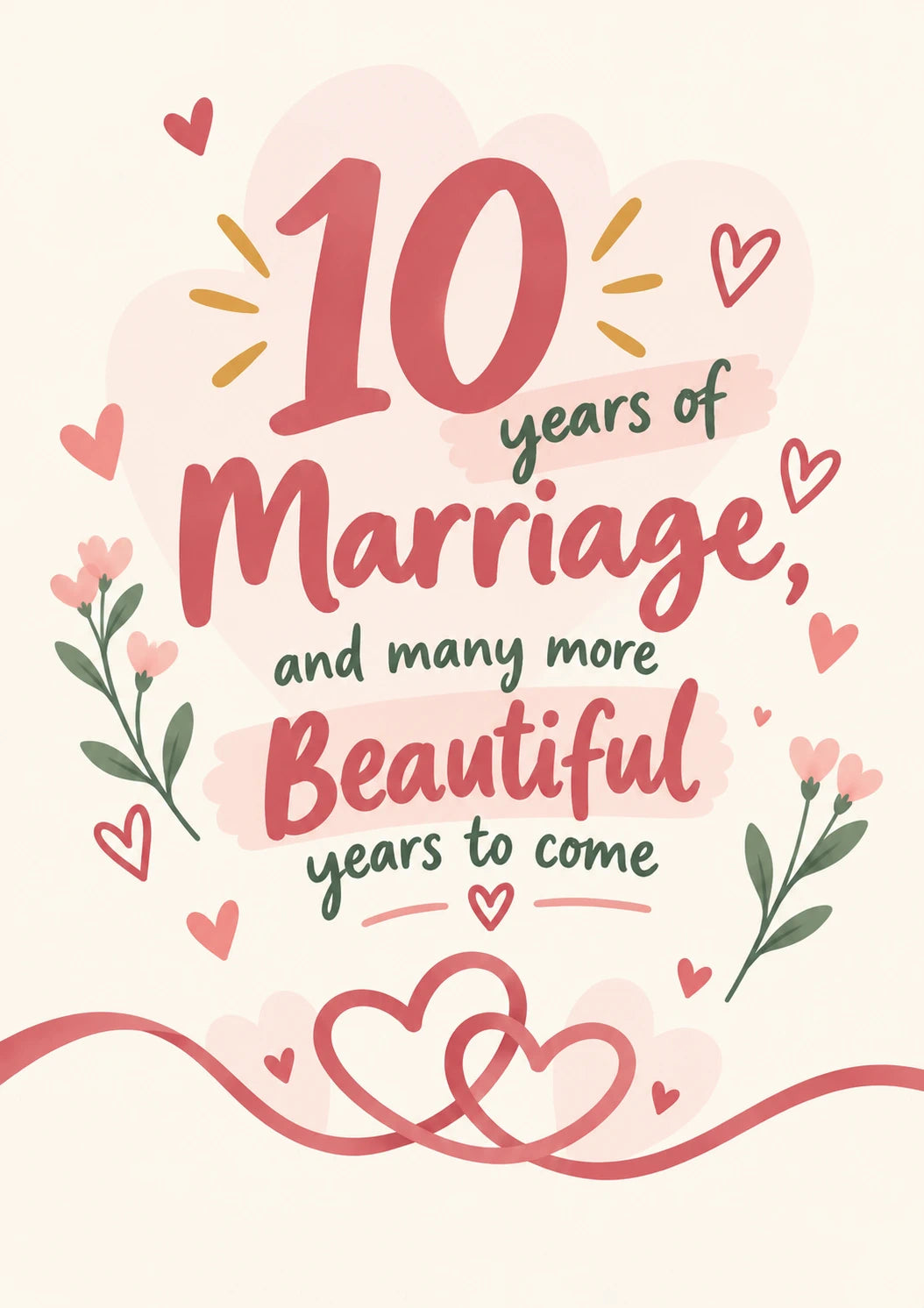 Romantic Pink Floral Hearts 10th Anniversary Card for Her